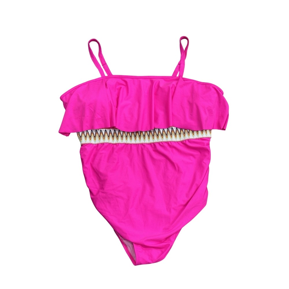 NWOT Women's Hot Pink One Piece Swimsuit Size 4X Ruffle Top Chevron Embroidery